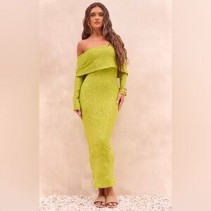 NWOT Green Textured Oversized Fold Over Bardot Maxi Dress